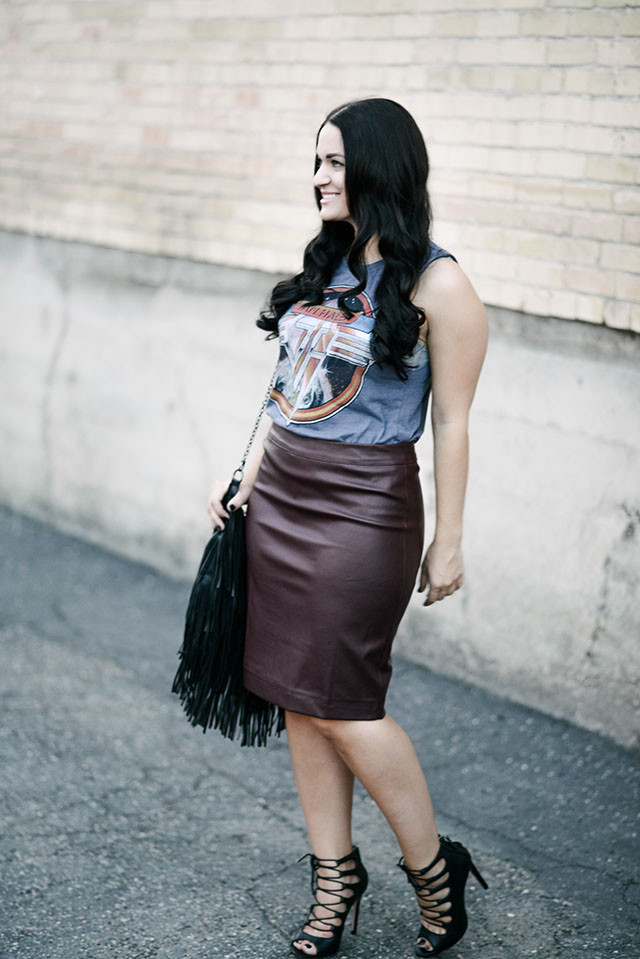 Band Tee and Leather Skirt