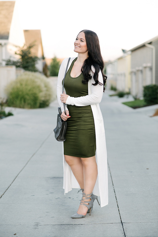 Olive green dress shop with cardigan