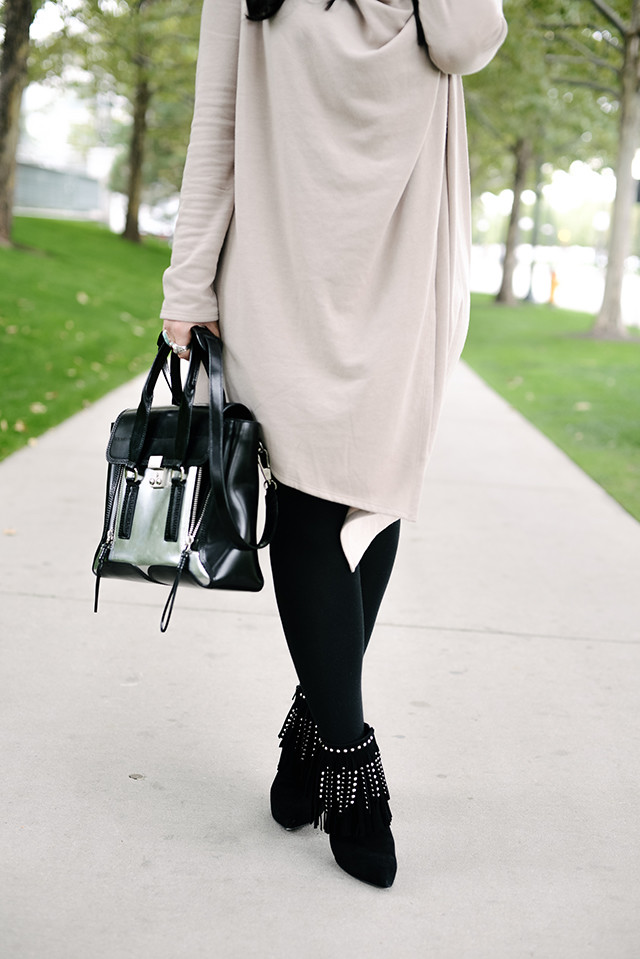 Forever 21 Nude Sweater and Saint Laurent Paris Black Ankle Boots
