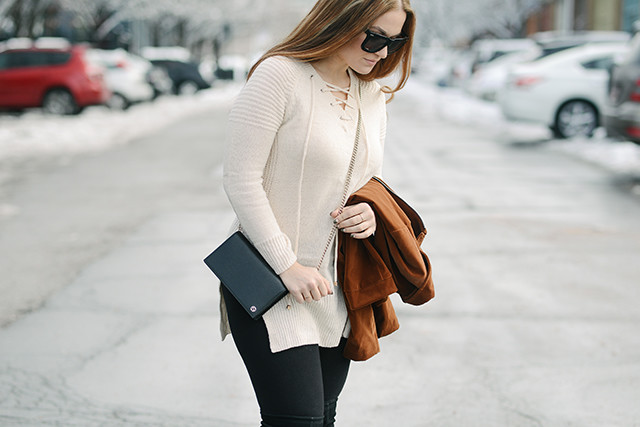 Cream Lace Up Sweater